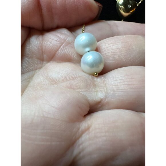 18K Gold Yellow Puffed Heart Diamond Dangle 8.5mm Pearls 16"Chain 5.46 Grams. - Picture 6 of 13